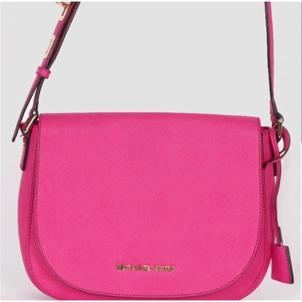 Michael Kors Crossbody Bag Women Small Pink Good Saffiano Leather Saddle Bag - Picture 2 of 8